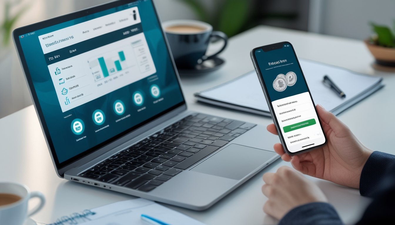Meja kerja modern dengan laptop dan ponsel yang menampilkan aplikasi perbankan digital, siap untuk transaksi cepat.