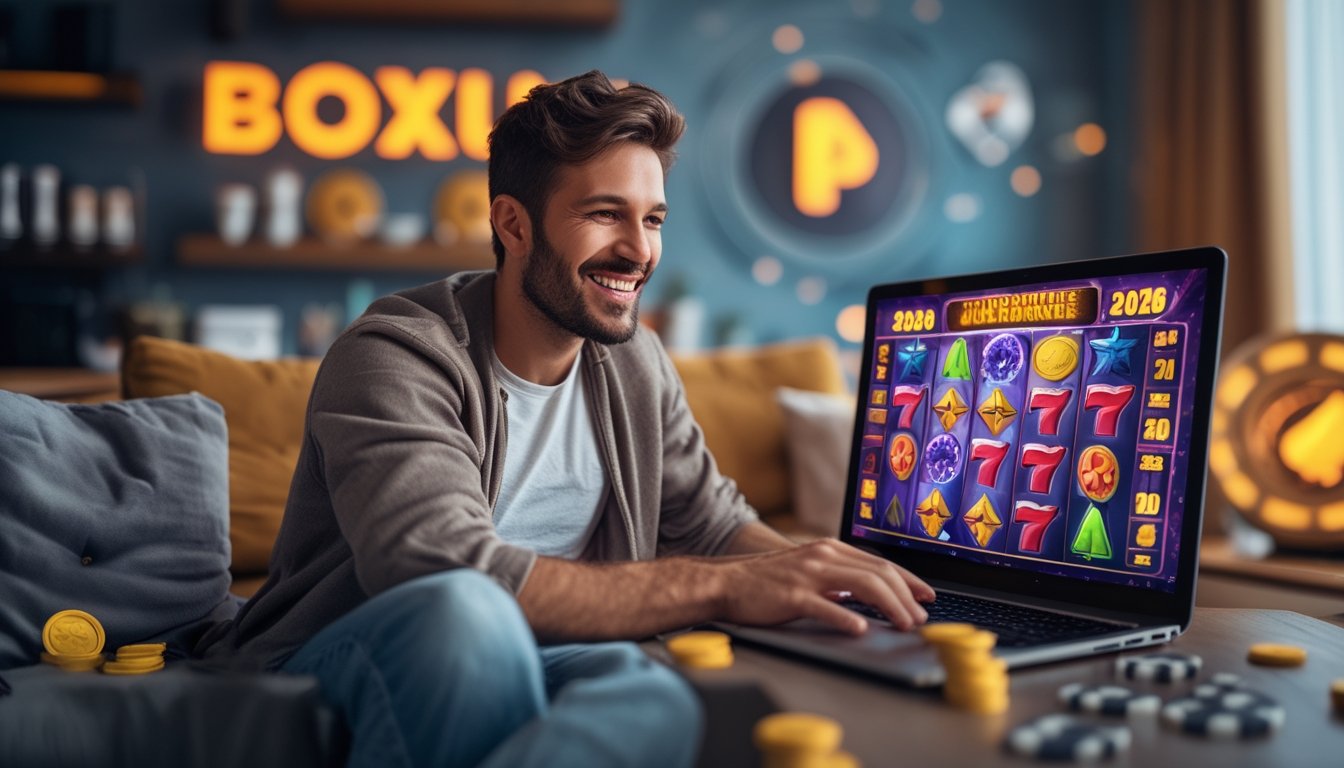 Seorang pria duduk di ruang tamu modern sambil bermain game slot online di laptop dengan ekspresi senang.