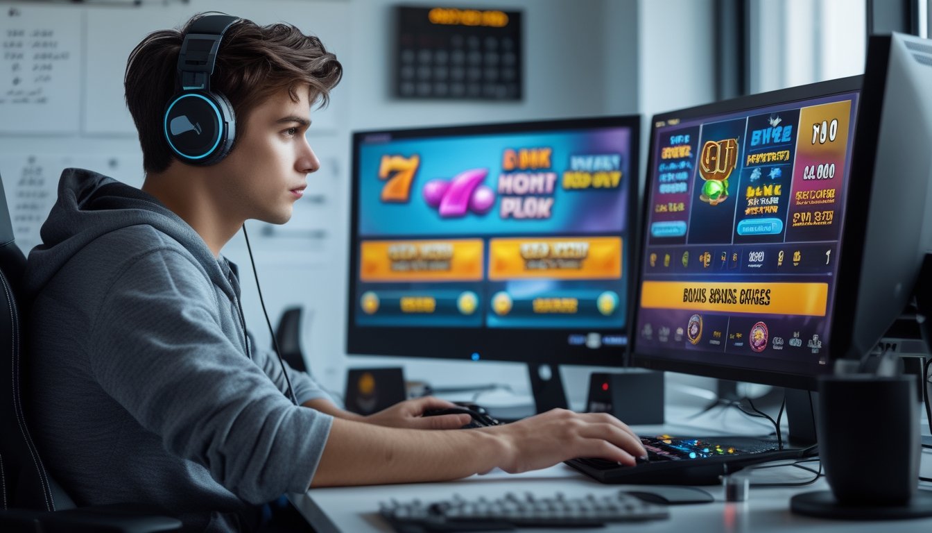 Seorang pemain game duduk di meja dengan beberapa monitor komputer yang menampilkan permainan slot dan fitur bonus, tampak fokus membaca syarat dan ketentuan.