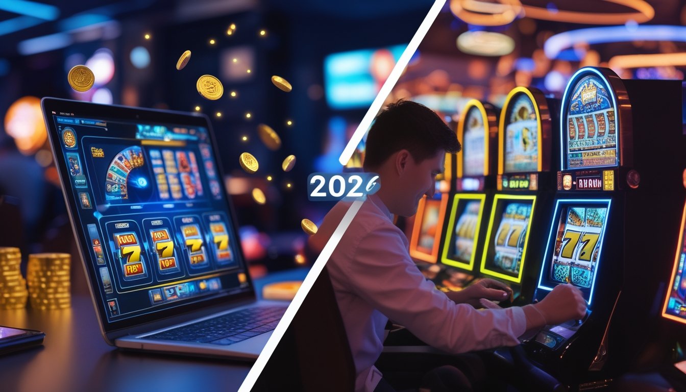 Seseorang bermain mesin slot online di rumah di sebelah kiri dan seseorang bermain mesin slot fisik di kasino di sebelah kanan.