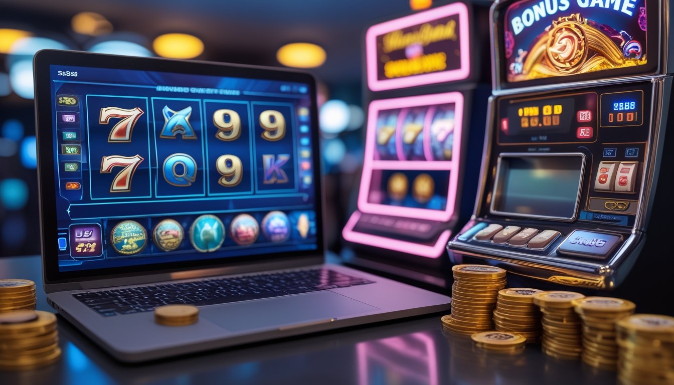 Perbandingan antara permainan slot bonus online di layar digital dan mesin slot fisik di kasino.