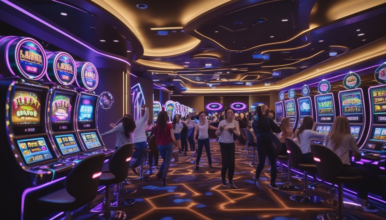 Suasana kasino modern dengan mesin slot futuristik dan pemain yang sedang merayakan kemenangan.