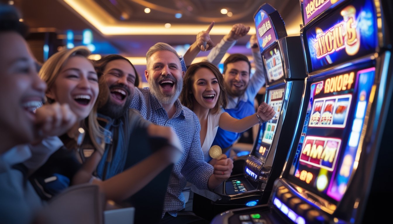 Orang-orang sedang bermain mesin slot di kasino dengan ekspresi senang dan suasana yang meriah.