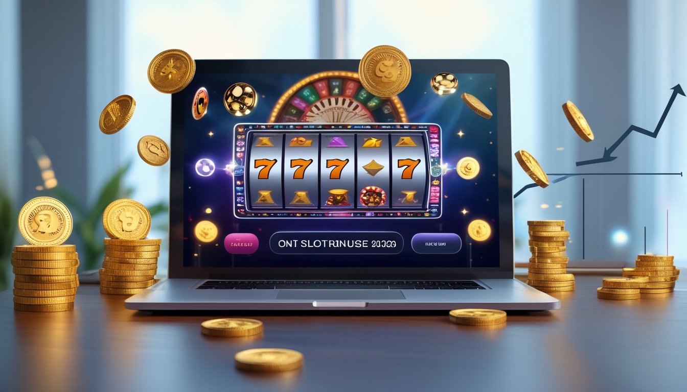 Seorang pengguna laptop melihat layar permainan slot online dengan koin emas dan chip kasino di sekitar meja kayu.