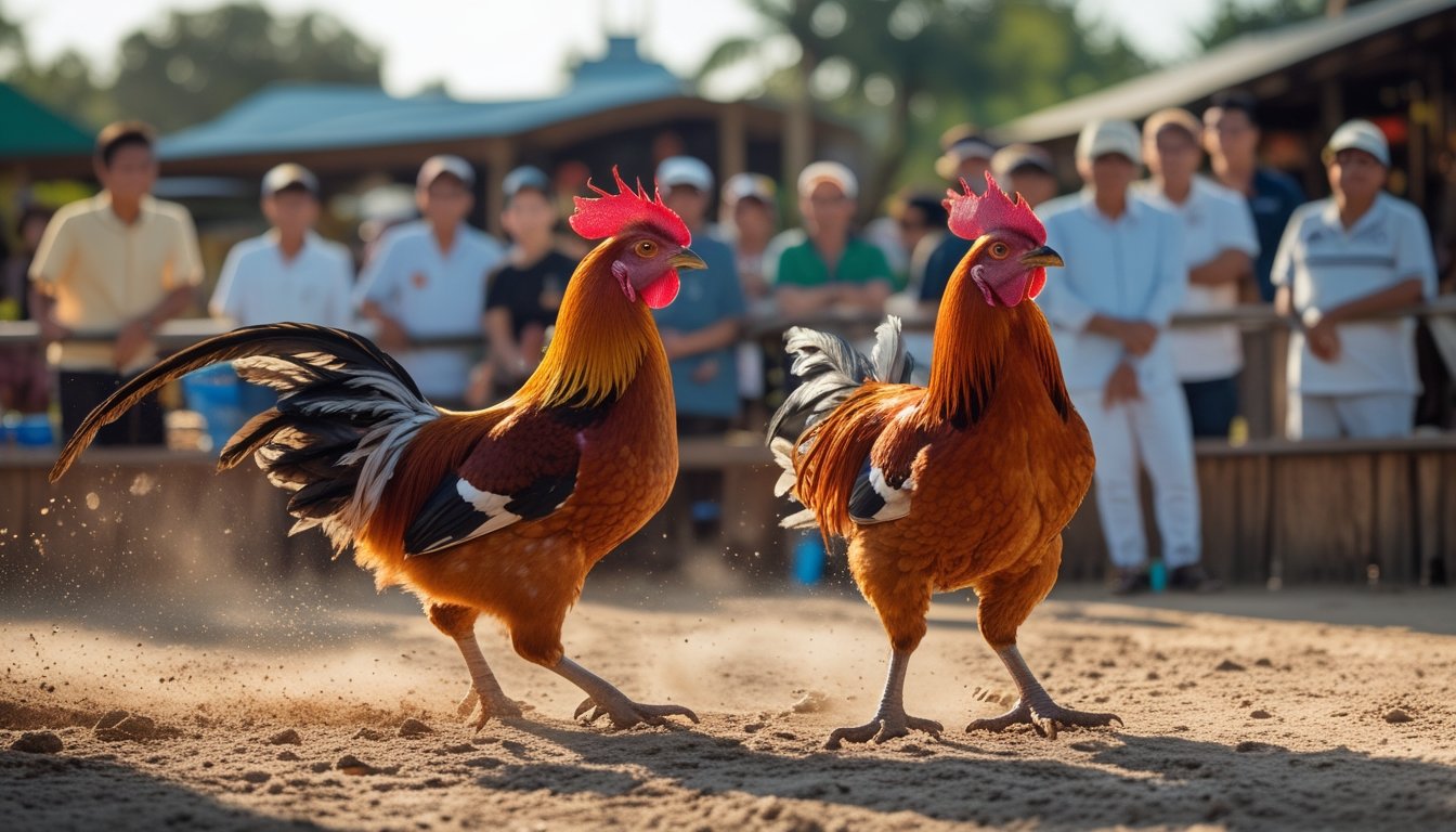 Dua ayam jago sedang bertarung di arena luar ruangan dengan penonton yang memperhatikan di latar belakang.
