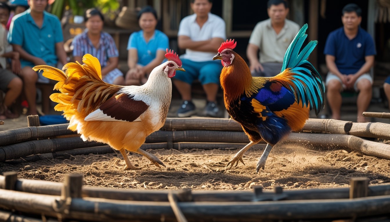 Dua ayam aduan Bangkok sedang bertarung di arena kayu dengan penonton di sekelilingnya di luar ruangan.