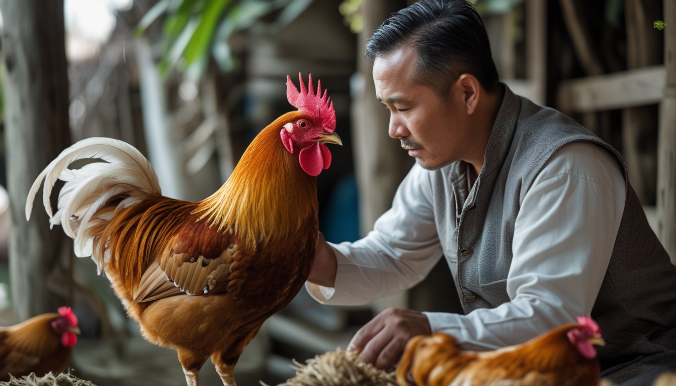 Seorang peternak memeriksa ayam Bangkok yang sehat dan kuat di lingkungan tradisional.