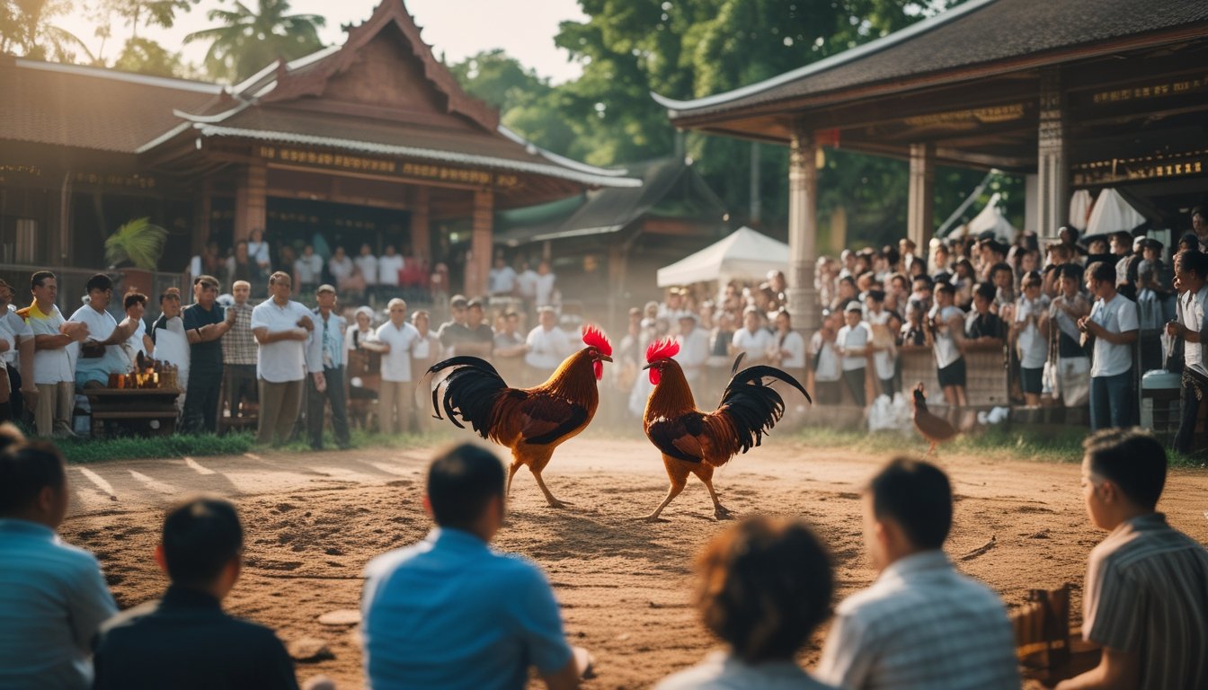 Arena sabung ayam di Bangkok dengan dua ayam bertarung di tengah dan penonton yang antusias mengelilingi arena.