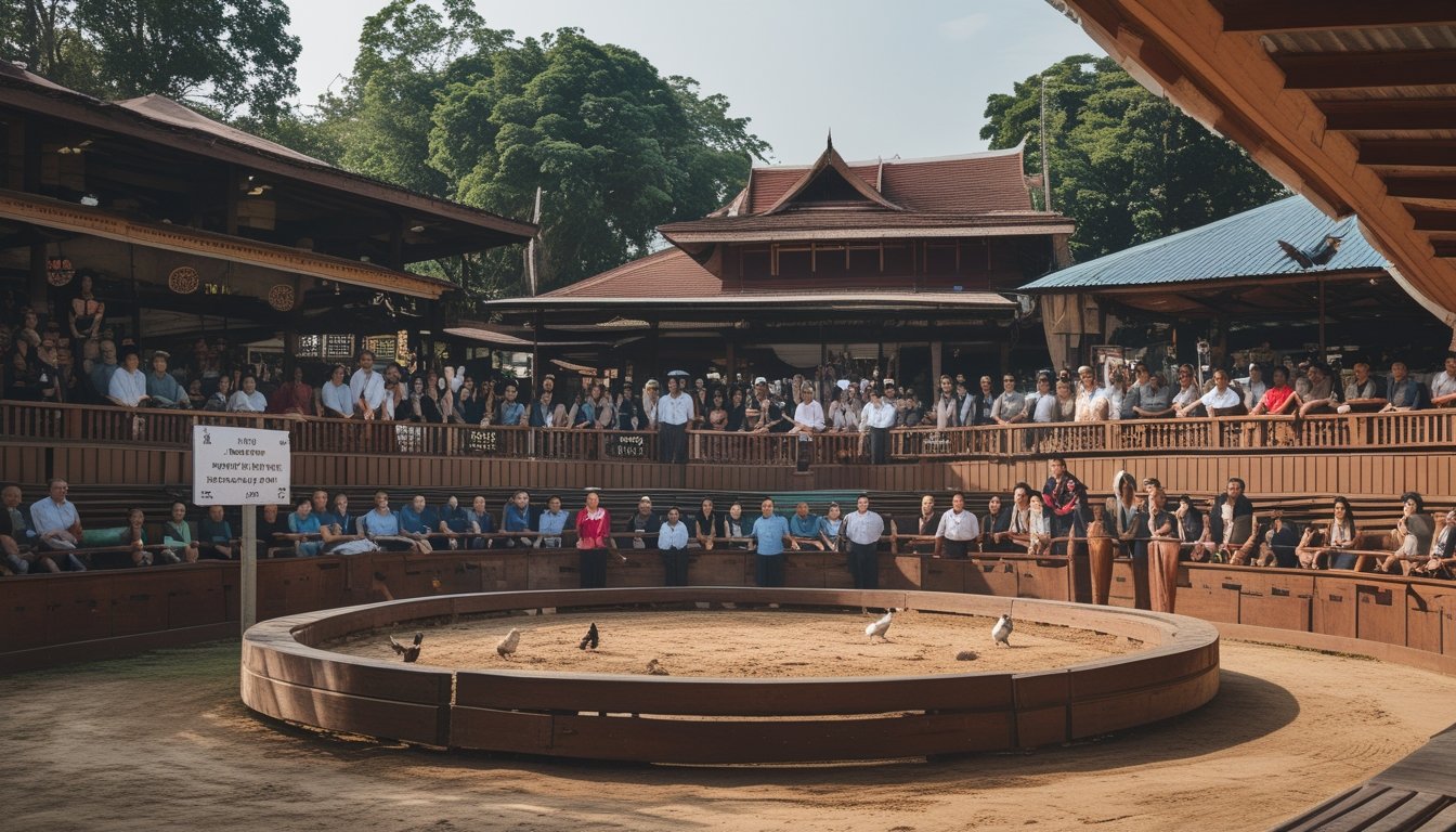 Arena sabung ayam di Bangkok dengan penonton yang memperhatikan di tribun dan latar belakang bangunan tradisional Thailand.