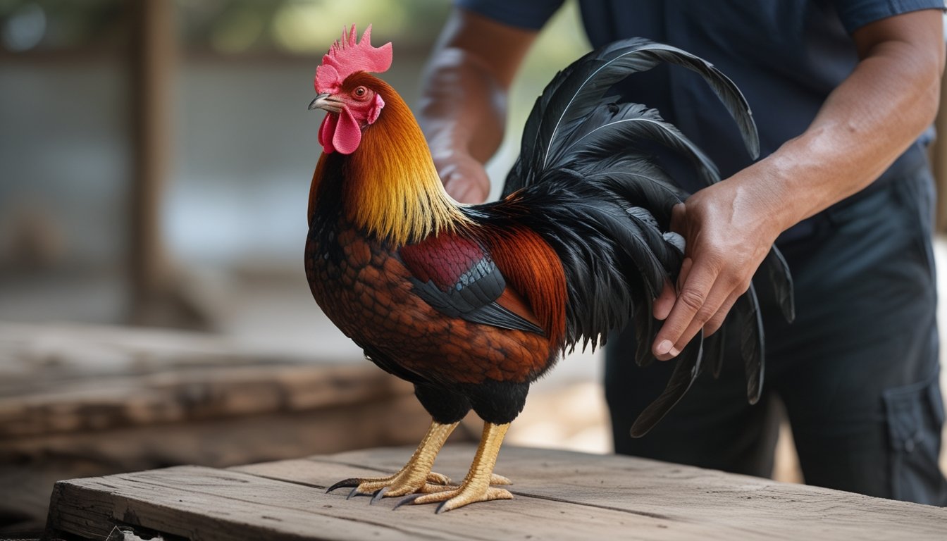 Seekor ayam Bangkok yang kuat sedang diperiksa oleh seseorang di luar ruangan.