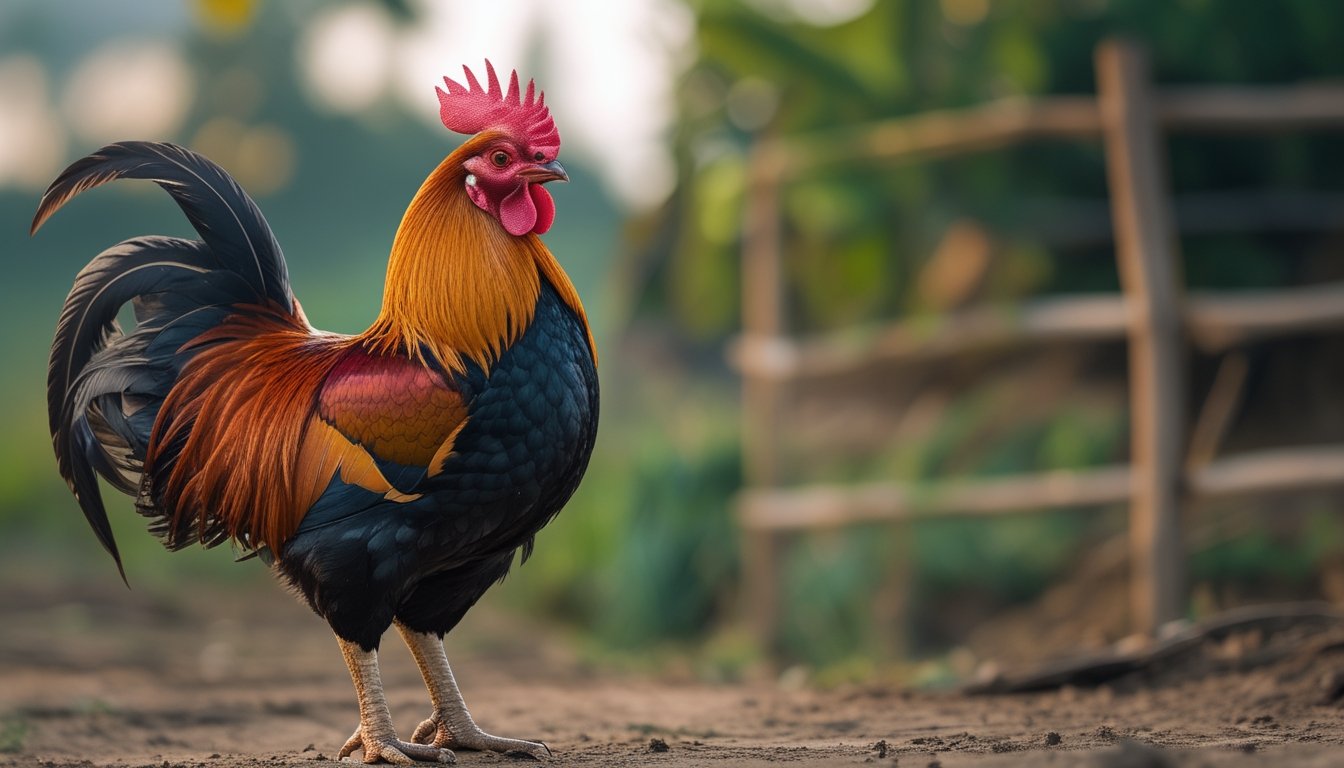 Seekor ayam Bangkok yang gagah berdiri di luar ruangan dengan latar belakang tanaman hijau.