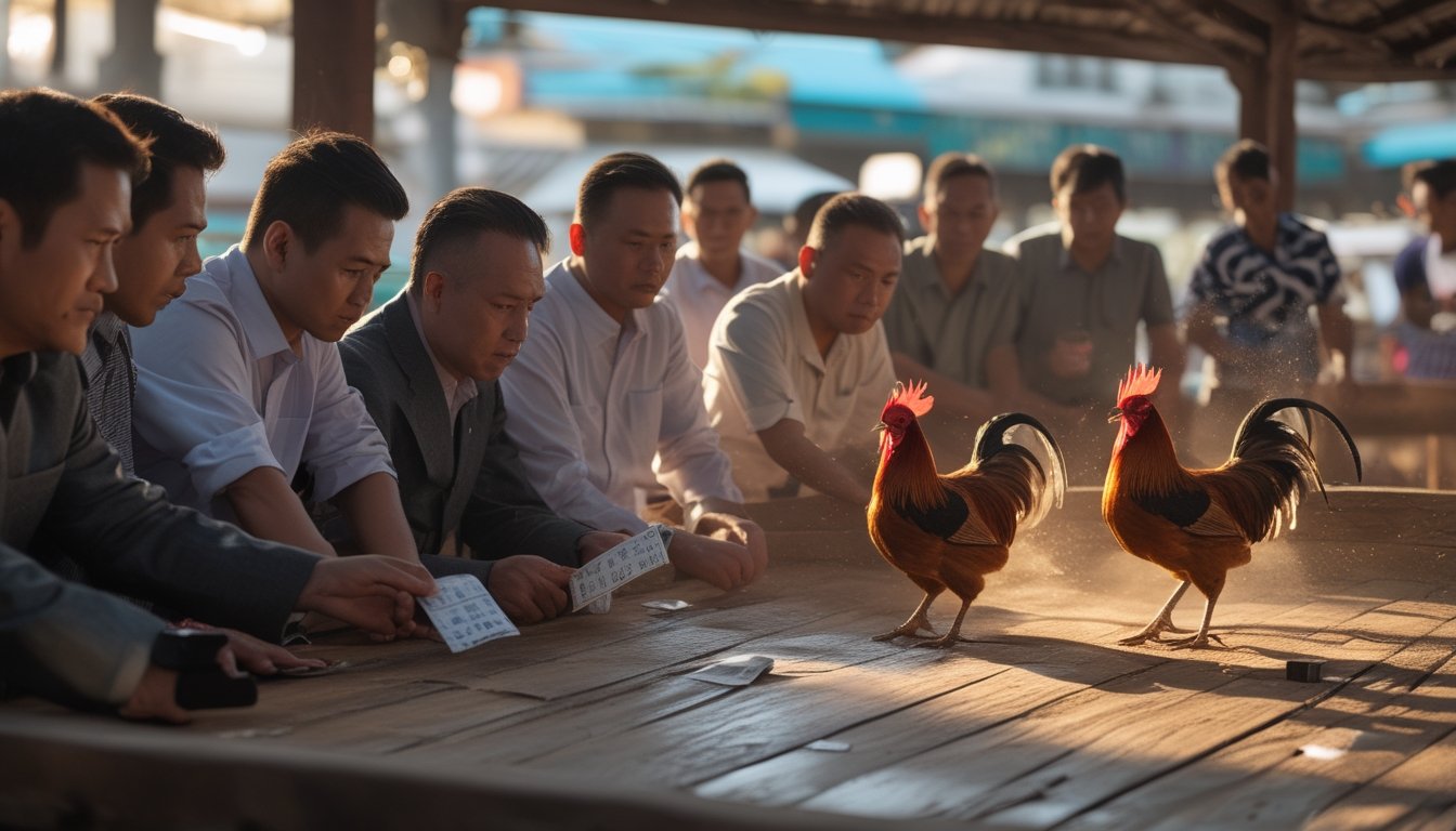 Sekelompok pria sedang mengamati pertarungan ayam jago di arena kayu, dengan ekspresi serius dan fokus pada taruhan sabung ayam di Bangkok.