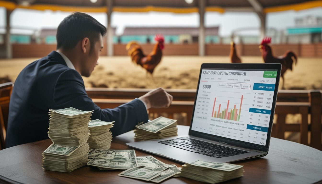 Seorang pria sedang menganalisis data dan taruhan terkait sabung ayam di sebuah meja dengan uang dan perangkat elektronik, dengan latar belakang arena sabung ayam dan dua ayam jago.