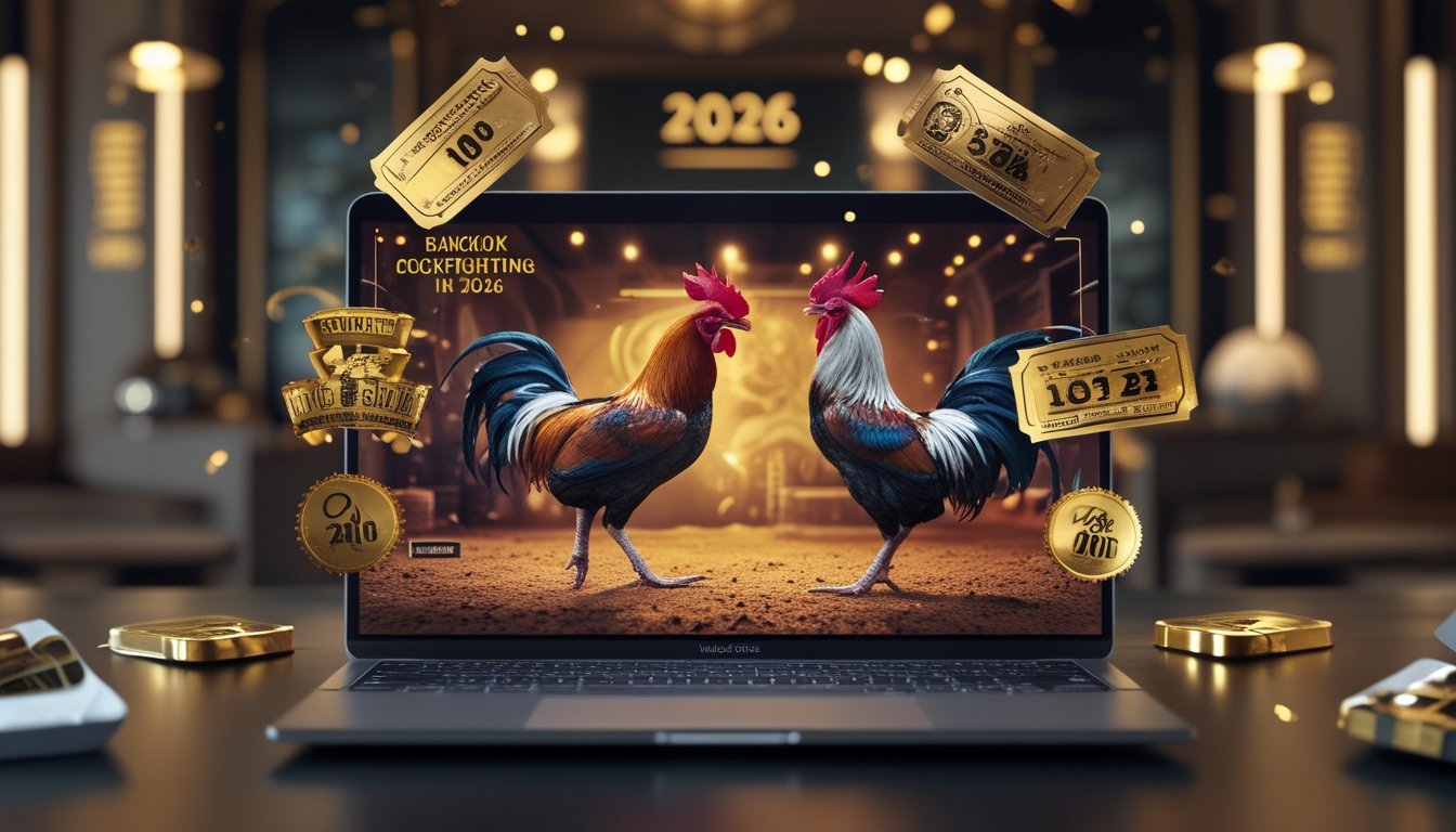 Seorang pengguna melihat pertandingan sabung ayam Bangkok secara online di layar laptop dengan suasana acara eksklusif dan dekorasi hangat di latar belakang.