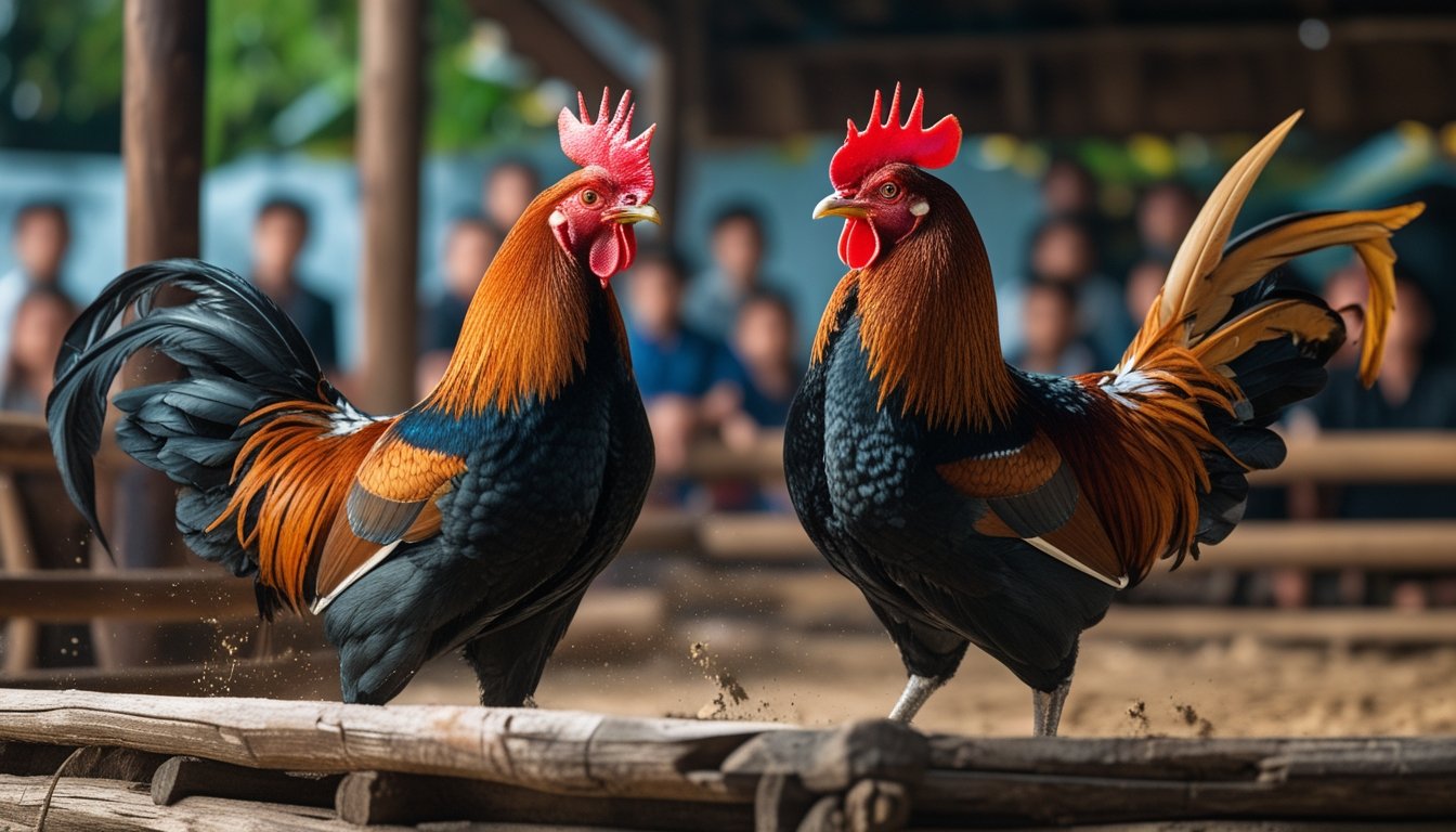Dua ayam bangkok sedang berhadapan di arena sabung ayam dengan penonton di latar belakang.