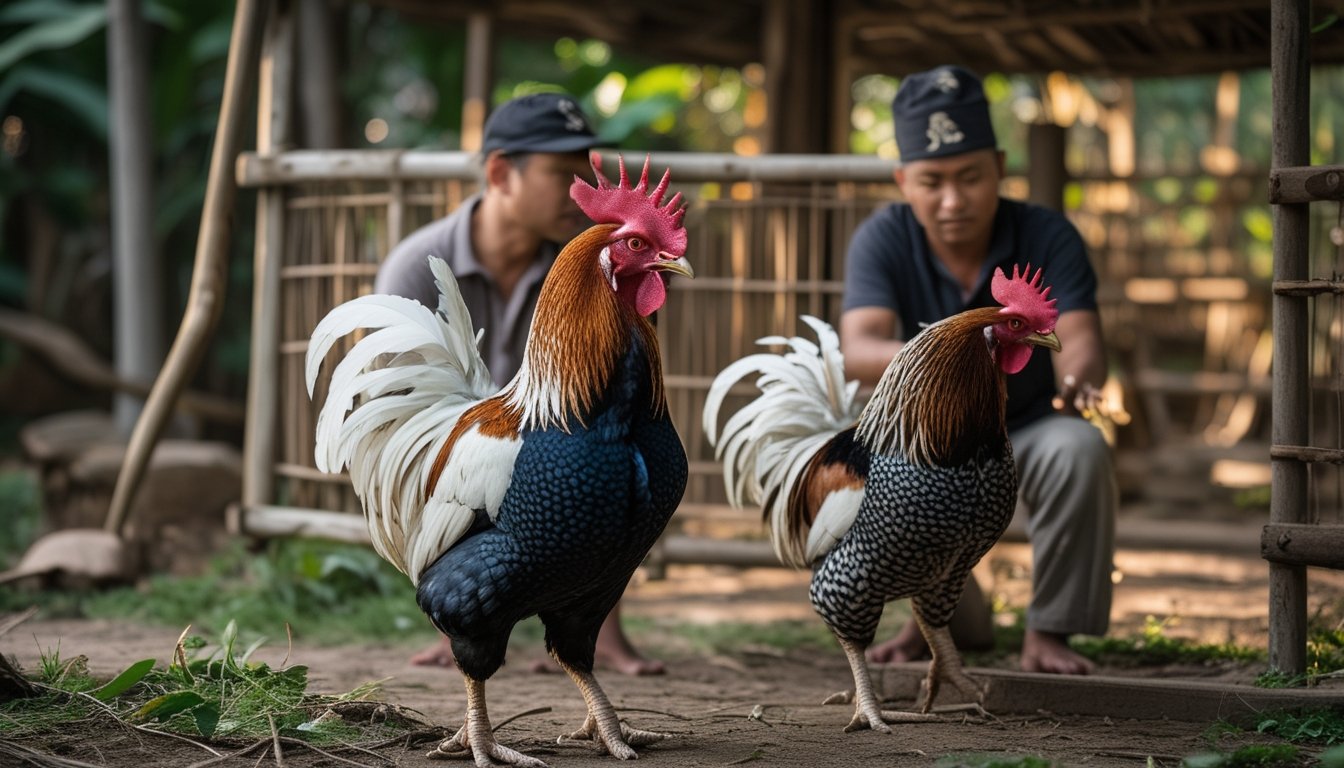 Dua ayam bangkok sedang dipersiapkan oleh peternak di luar ruangan dengan latar belakang kandang kayu dan tanaman hijau.