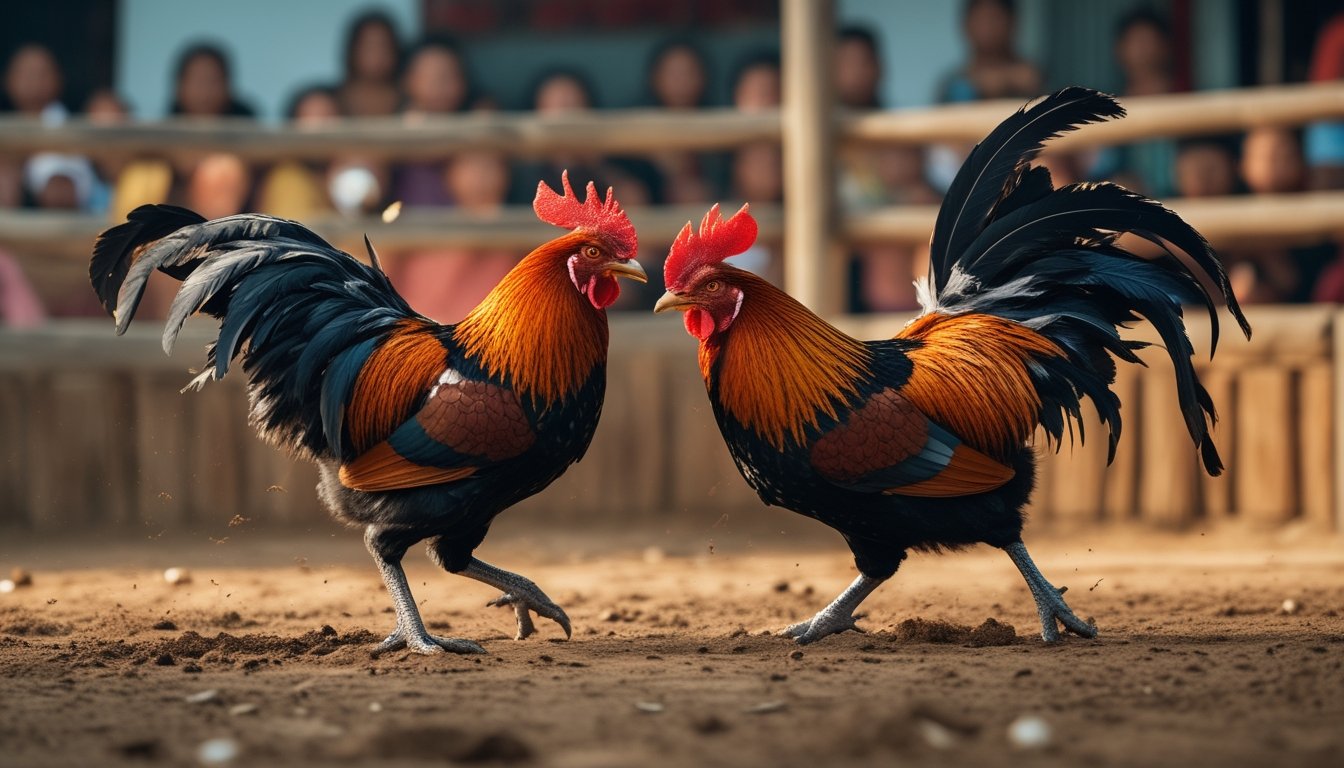 Dua ayam Bangkok sedang bertarung di arena sabung ayam dengan penonton di sekitar.