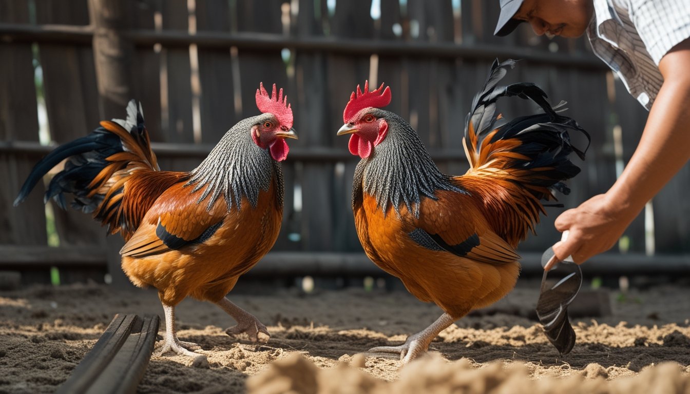 Dua ayam Bangkok sedang bertarung di arena tradisional dengan tangan seseorang yang memegang salah satu ayam.