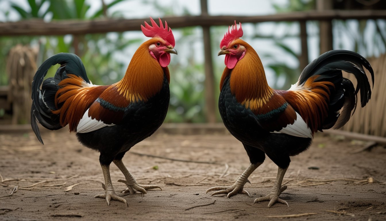 Dua ayam Bangkok bertarung dalam arena tradisional dengan latar belakang tanaman tropis.