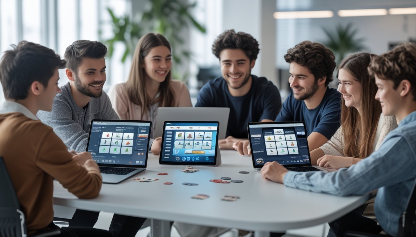 Sekelompok orang muda bermain permainan kartu online bersama di sebuah meja dengan laptop dan tablet di ruang kerja yang terang.
