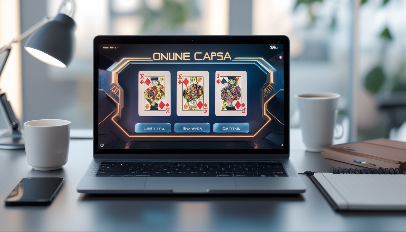Seorang pengguna sedang bermain permainan kartu Capsa online di laptop di meja kerja dengan kopi dan ponsel di sampingnya.