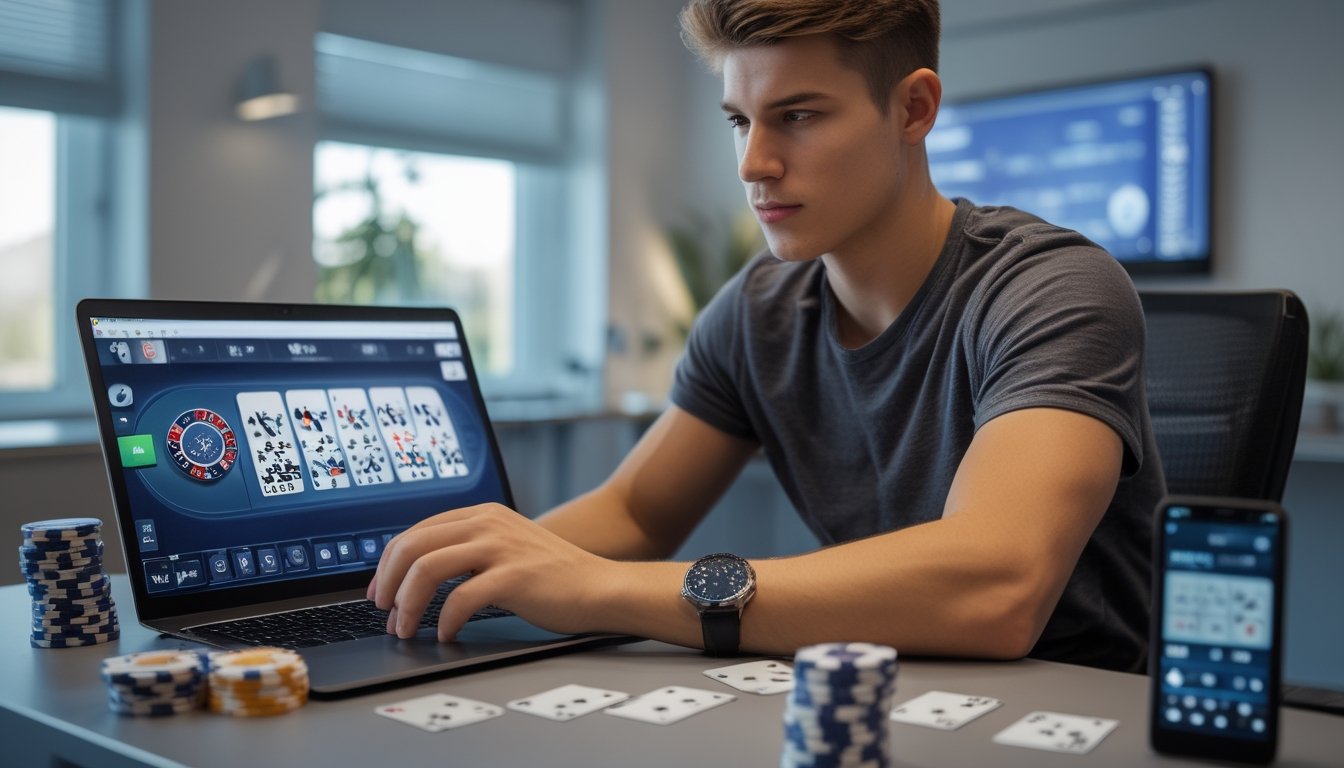 Seorang pria muda duduk di meja dengan laptop dan tumpukan chip poker, fokus bermain permainan kartu online.