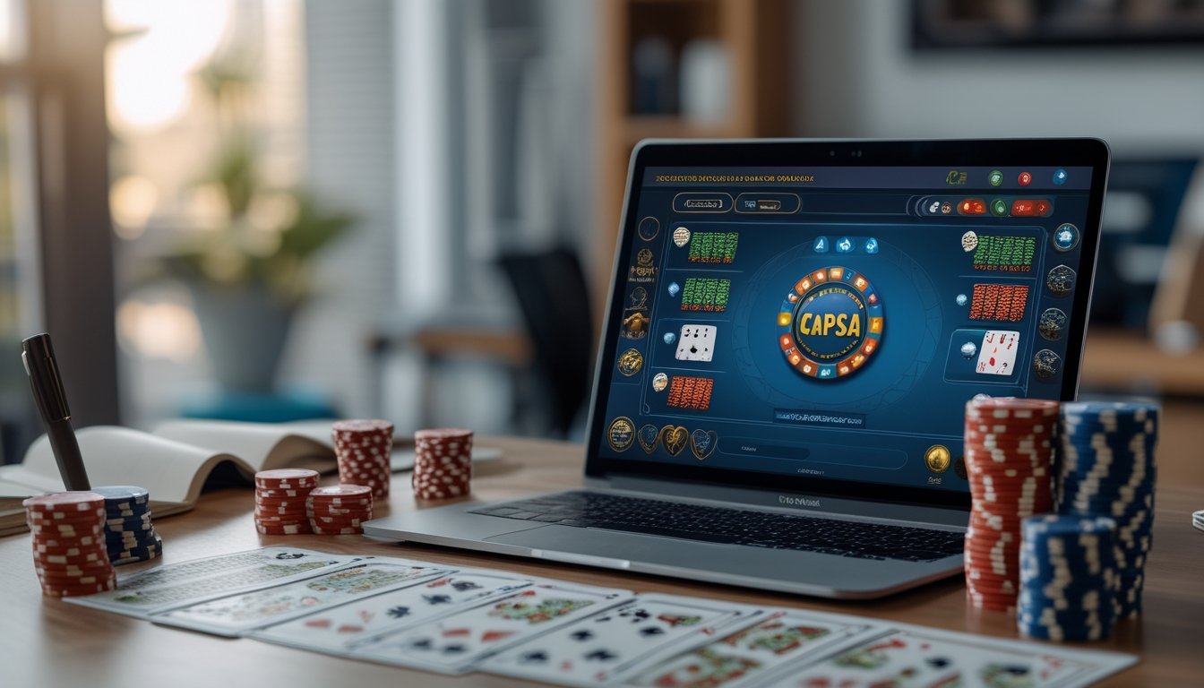 Seorang pemain sedang menggunakan laptop dengan permainan Capsa online terbuka, kartu dan chip poker di atas meja, serta buku catatan dan pena di sampingnya.