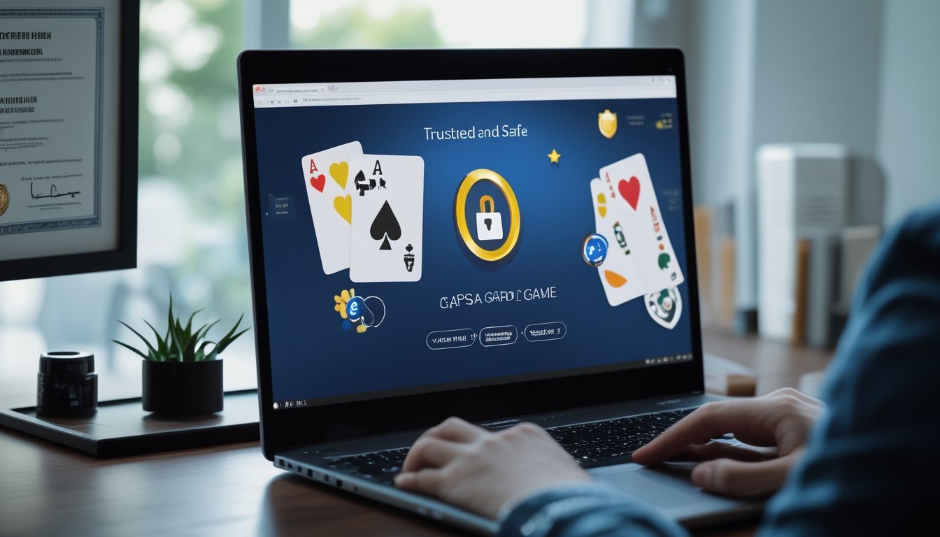 Seseorang sedang bermain permainan kartu Capsa secara online di komputer di ruang kerja yang rapi dan terang.