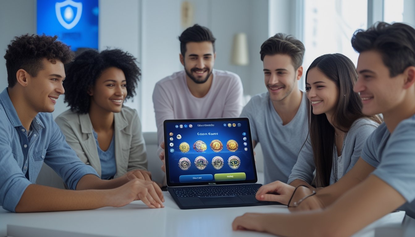 Sekelompok orang muda sedang bermain game Capsa online bersama di ruang tamu modern yang terang dan nyaman.