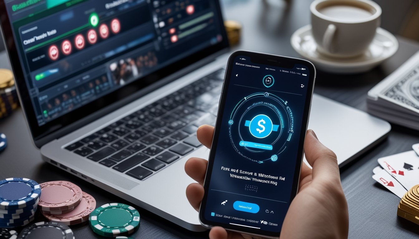 Seorang pemain menggunakan laptop dan ponsel untuk bermain Capsa online dengan chip poker dan kartu di meja.