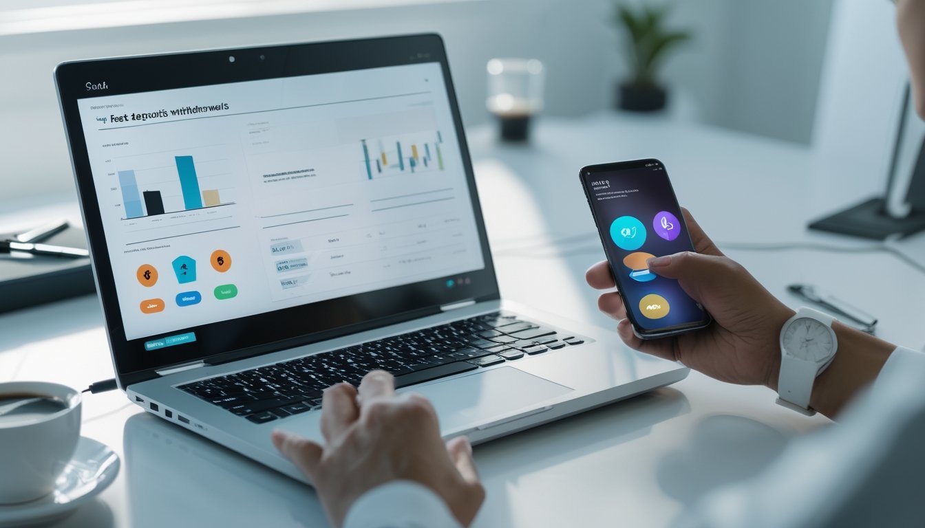 Seseorang menggunakan laptop dan ponsel di meja kerja untuk melakukan transaksi keuangan online dengan suasana kantor yang rapi.