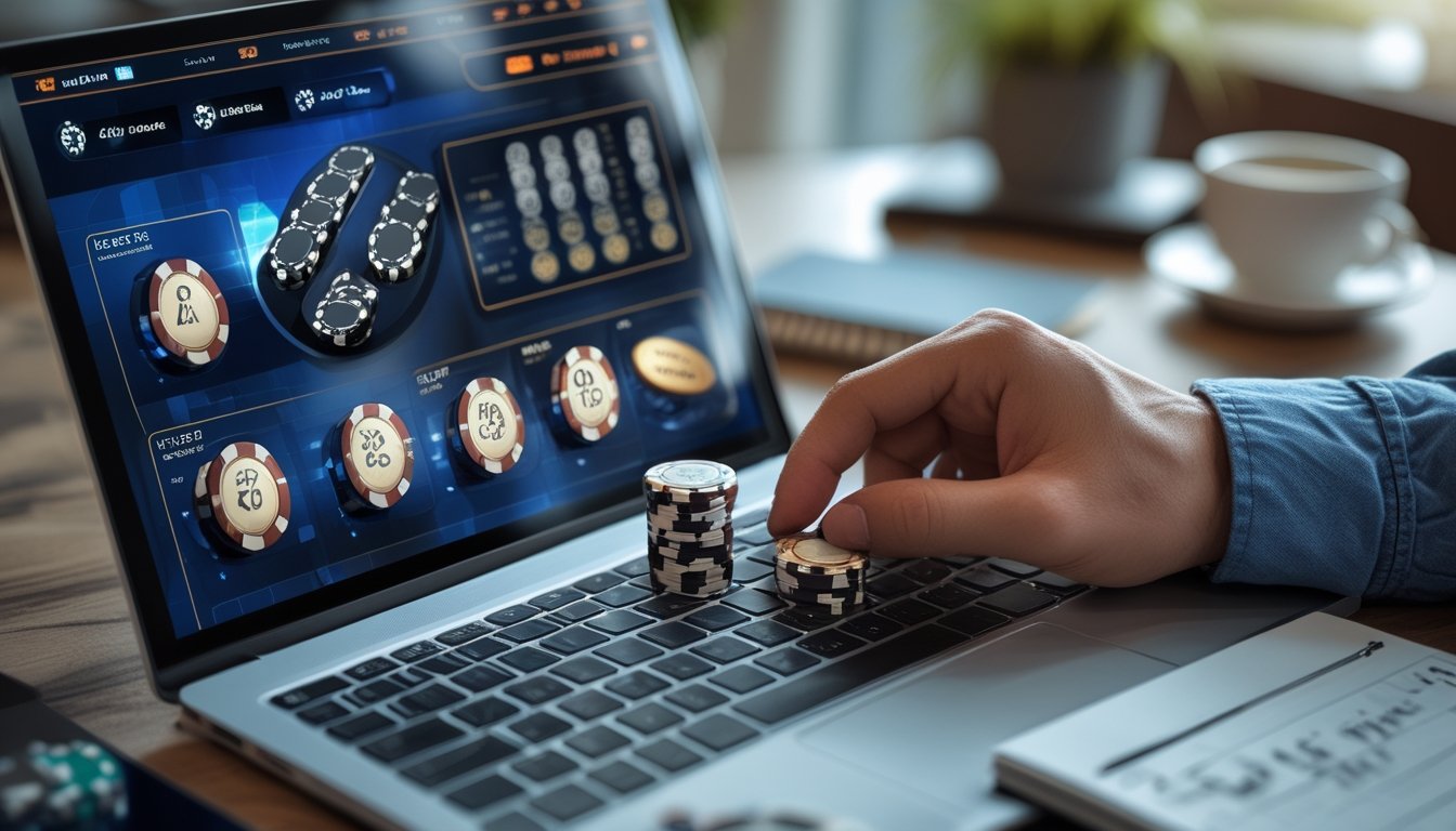 Seseorang sedang bermain Capsa online dengan laptop dan tumpukan chip poker di meja, menunjukkan suasana fokus dan strategi.