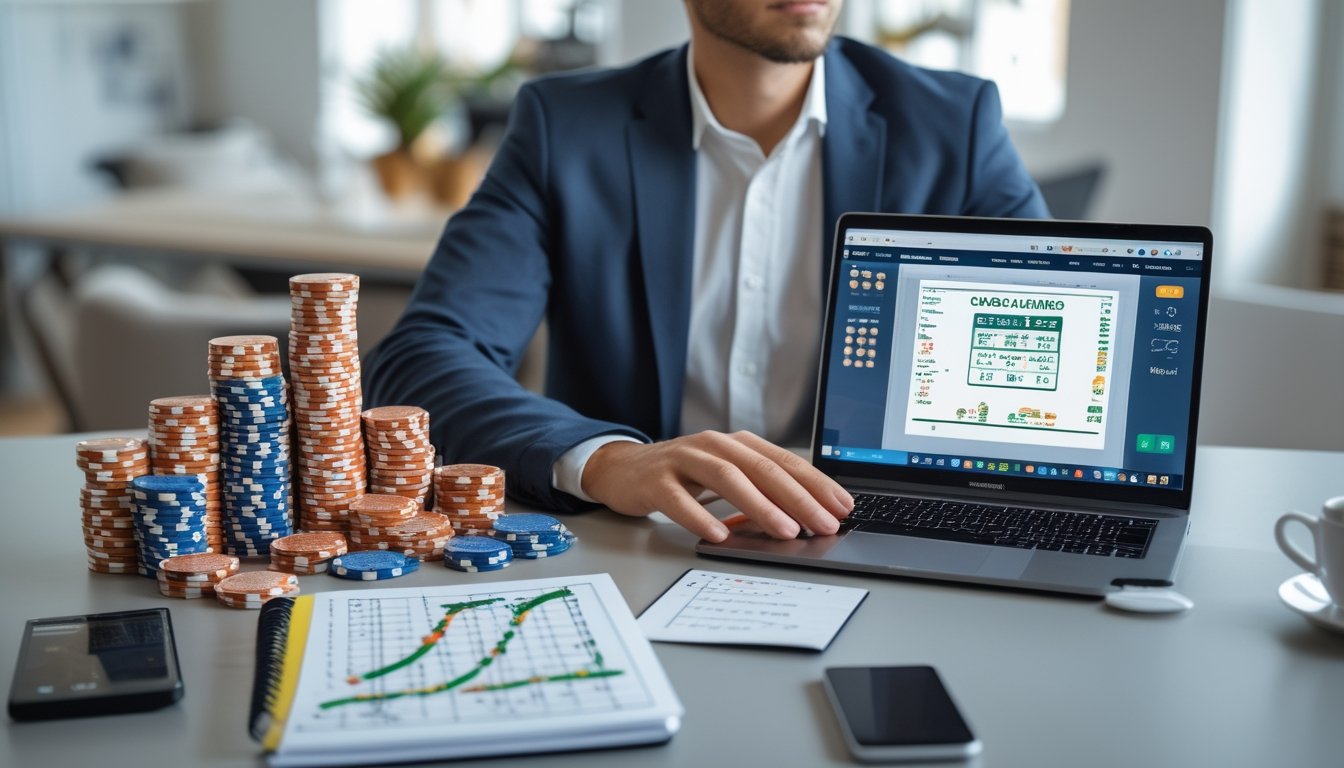 Seseorang duduk di meja dengan laptop yang menampilkan permainan Capsa online, dikelilingi oleh chip poker, kartu remi, kalkulator, dan buku catatan di ruang kerja yang rapi.