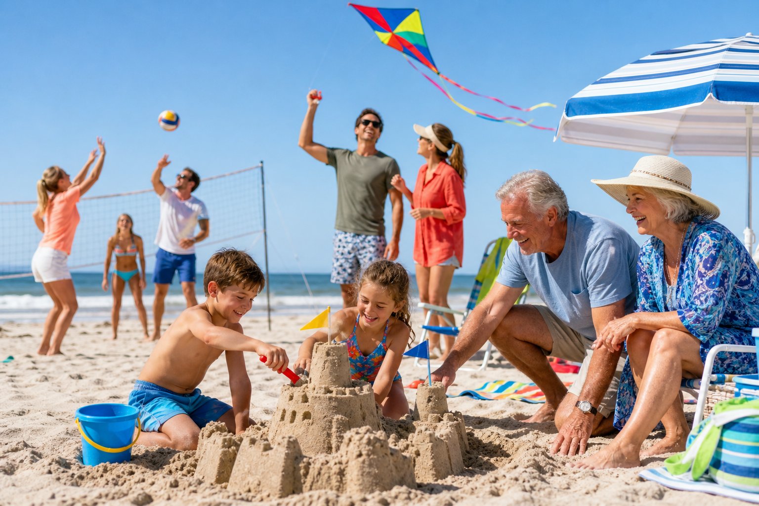 A multi-generational family enjoying various activities together on a sunny beach with ocean waves in the background.