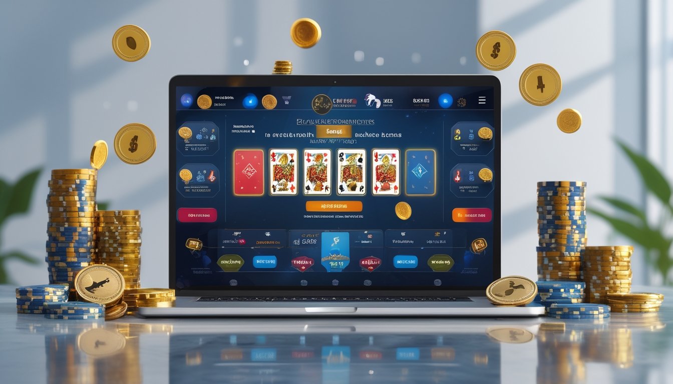 Sebuah laptop menampilkan permainan kartu Capsa dengan tumpukan chip dan koin di sekitarnya, menggambarkan suasana promosi dan bonus judi Capsa online yang menguntungkan.
