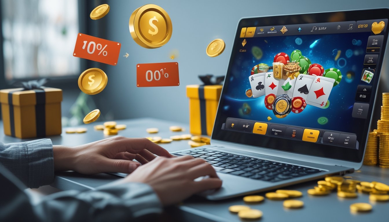 Seseorang menggunakan komputer dengan tampilan permainan Capsa online dan simbol koin serta hadiah di sekitar meja.