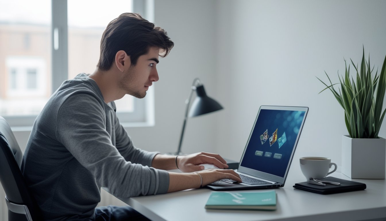 Seorang pria muda duduk di meja dengan laptop, terlihat serius dan fokus bermain permainan kartu online.