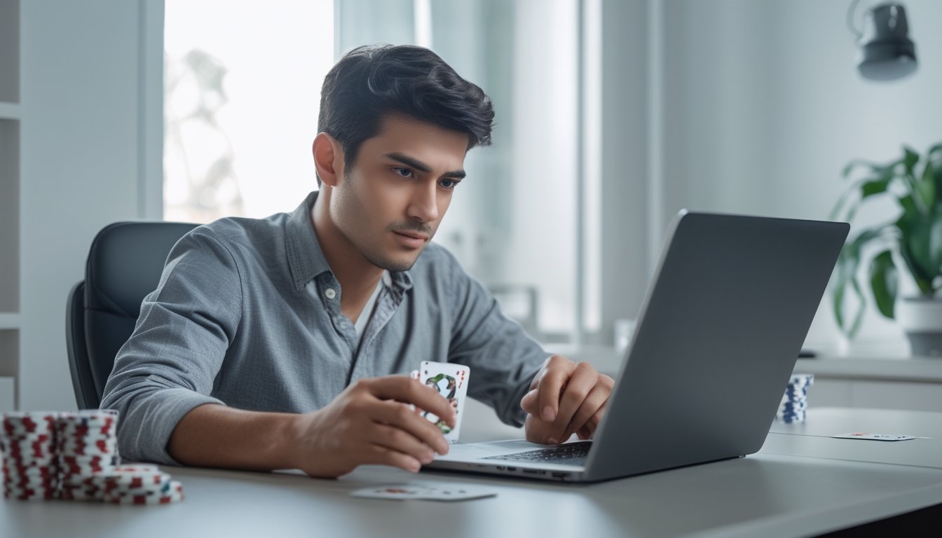 Seorang pria muda duduk di meja dengan laptop, fokus bermain permainan kartu online di ruang kerja yang rapi.
