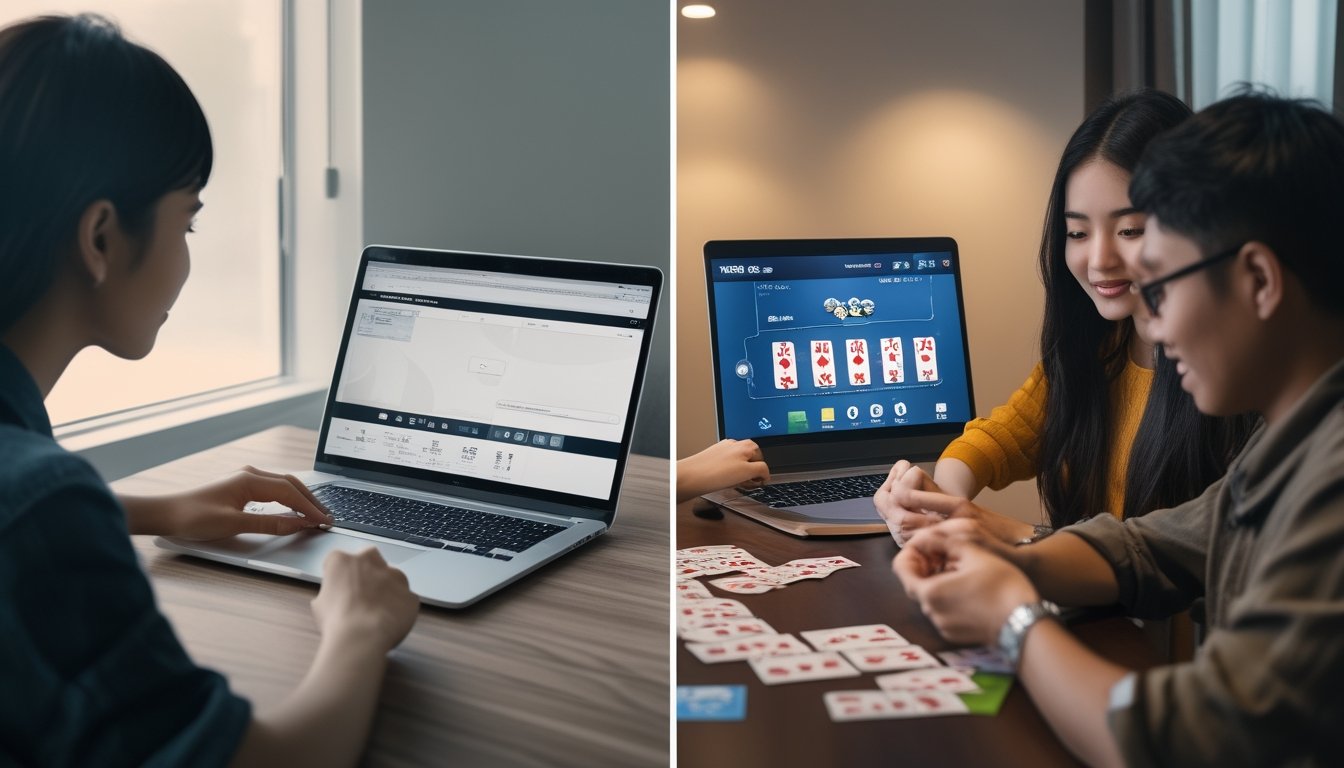 Seseorang bermain Judi Capsa online dengan laptop di satu sisi, dan sekelompok orang bermain Judi Capsa secara langsung dengan kartu fisik di sisi lain.