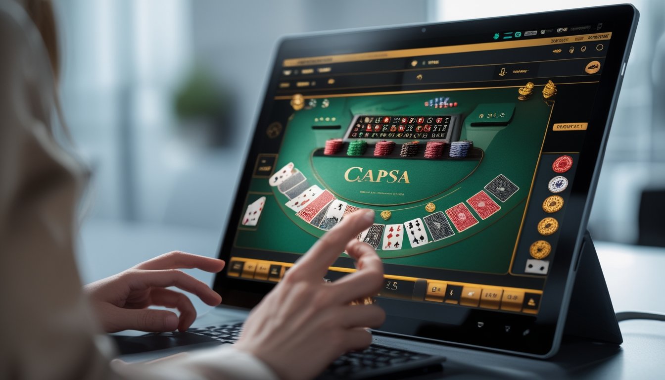Seseorang bermain Capsa online di layar komputer dengan kartu dan chip judi terlihat jelas.
