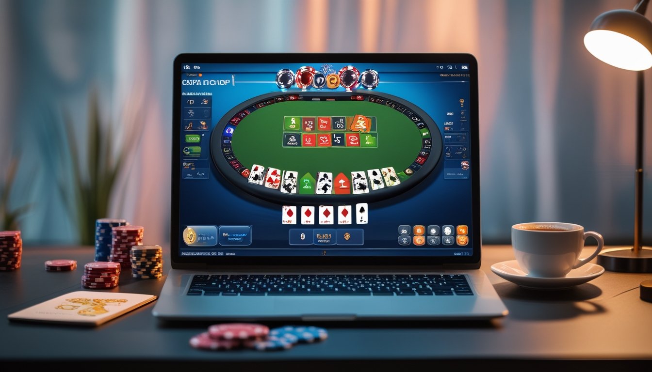 Meja judi Capsa online dengan perangkat digital menampilkan permainan kartu, chip poker, dan alat tulis di atas meja.