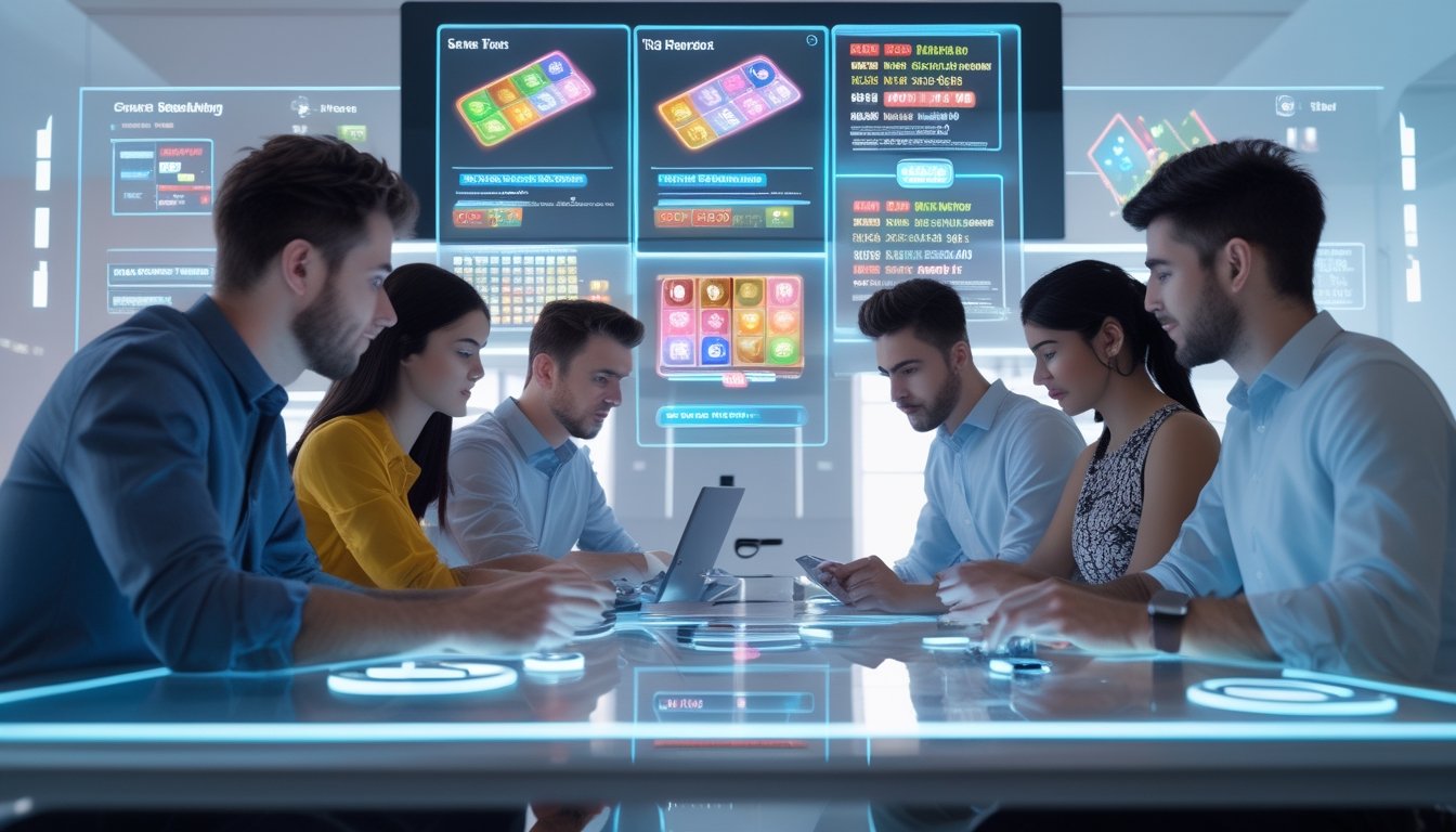 Sekelompok orang muda sedang menganalisis permainan Capsa online dengan layar holografik dan perangkat digital di ruang modern.
