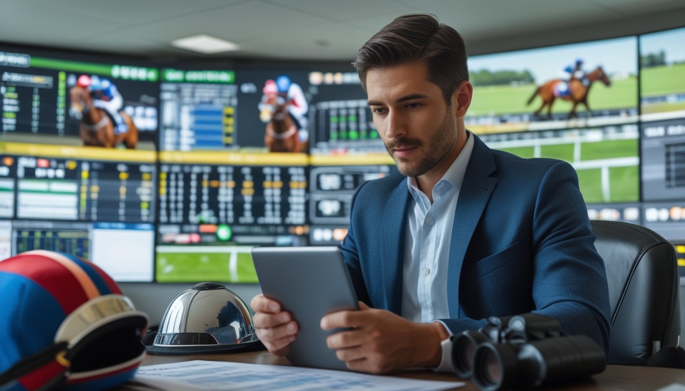 Seorang pria berpakaian rapi sedang menganalisis data balap kuda di kantor modern dengan layar besar menampilkan statistik dan rekaman balap kuda.