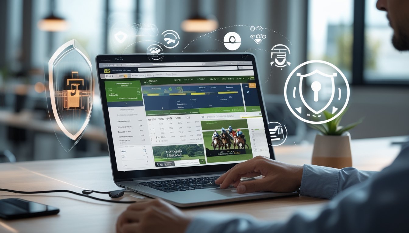 Seorang profesional menggunakan laptop di kantor modern dengan tampilan situs judi balap kuda yang aman dan terpercaya.