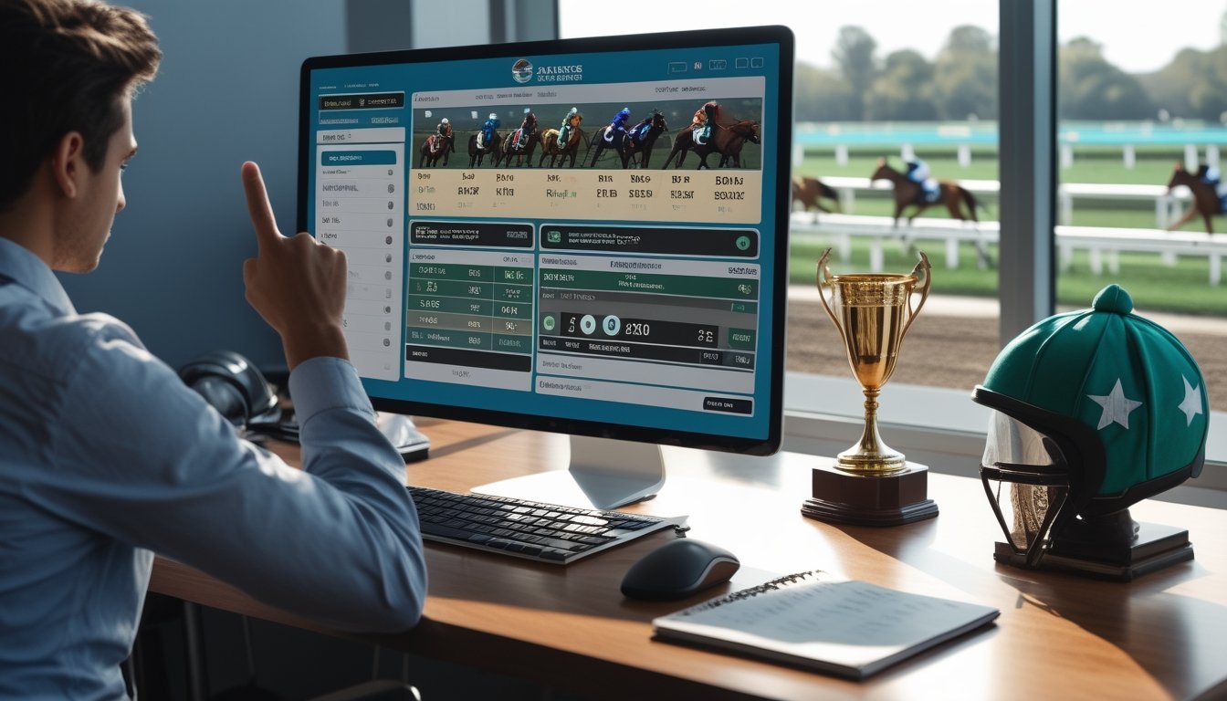 Seseorang sedang memilih kuda favorit untuk judi balap kuda online di depan layar komputer dengan latar belakang lintasan balap kuda.