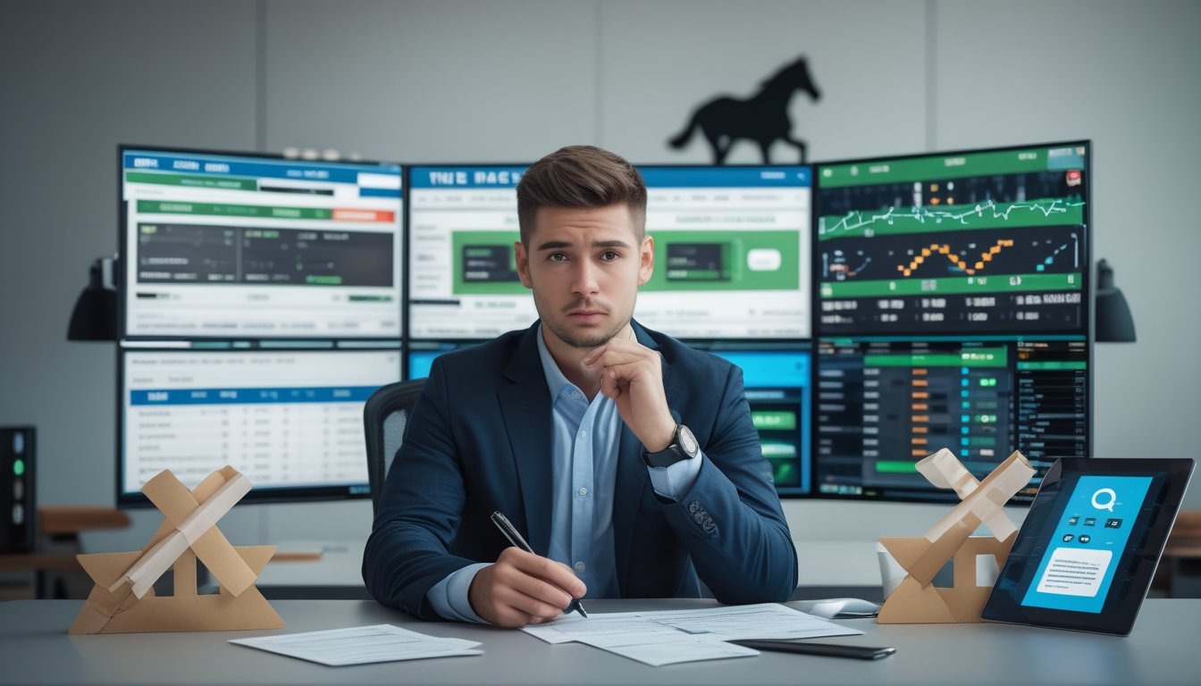 Seorang pria muda duduk di meja dengan layar komputer menampilkan data balap kuda, terlihat fokus dan berpikir sambil mencatat strategi taruhan.