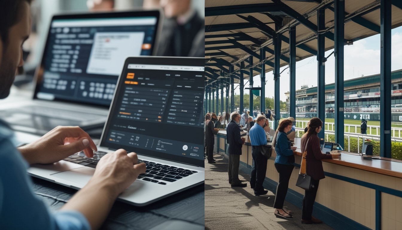 Perbandingan antara orang yang memasang taruhan balap kuda secara online menggunakan perangkat digital dan orang yang memasang taruhan secara langsung di arena balap kuda.
