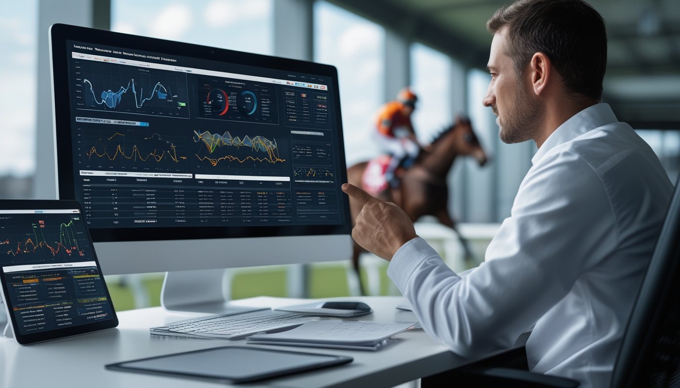 Seorang analis sedang menunjuk layar komputer yang menampilkan grafik dan data statistik tentang balap kuda, dengan latar belakang gambar kuda dan joki yang sedang berlomba.