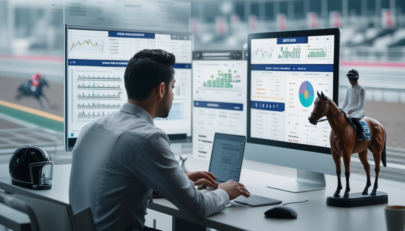 Seorang analis bekerja di depan layar komputer yang menampilkan grafik statistik kuda dan joki balap kuda, dengan model kuda dan helm joki di atas meja.