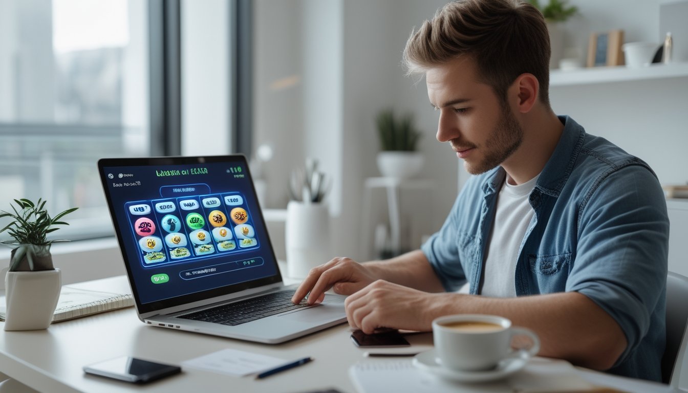 Seorang pria muda duduk di meja modern dengan laptop, terlihat fokus belajar bermain togel online di ruangan terang dan rapi.